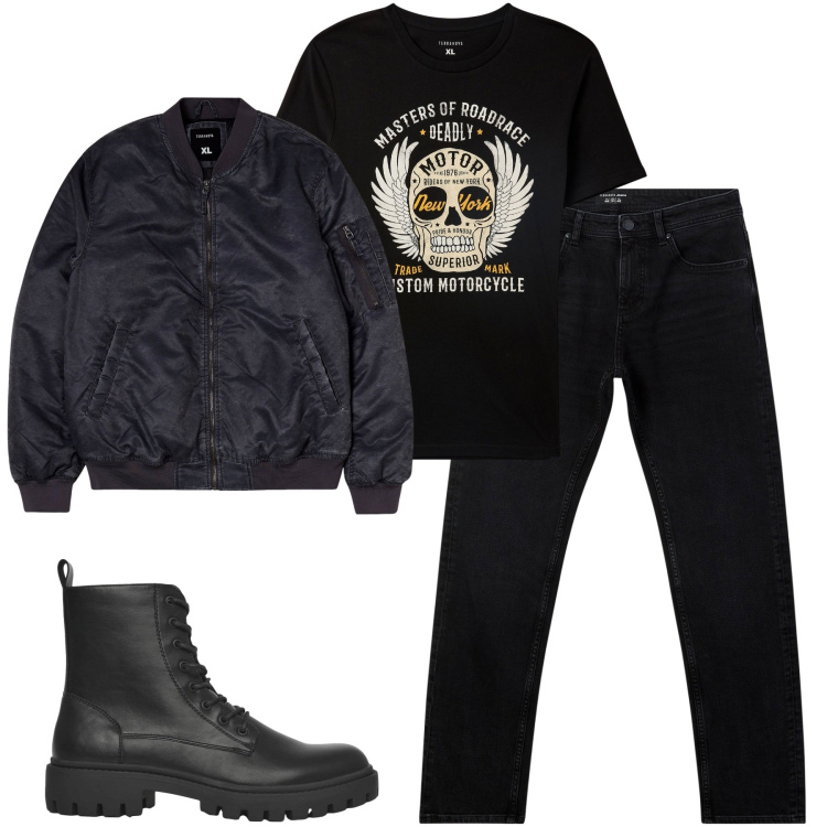 Outfit uomo - Total look #2268922. Stile Biker Rock per Tutti i giorni. Abbinamento con t-shirt, bomber, anfibi, jeans.