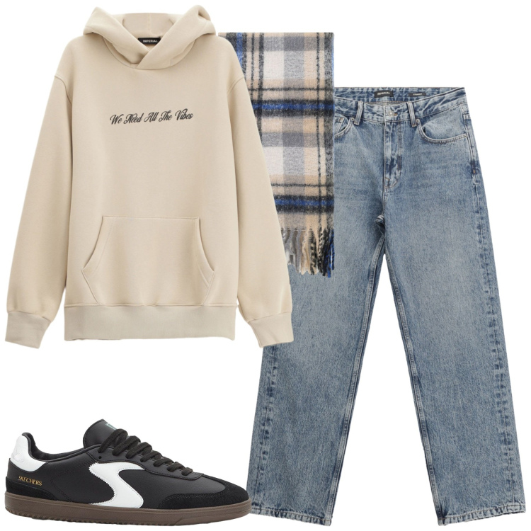 Outfit uomo - Total look #2268926. Stile Casual per Tutti i giorni. Abbinamento con sneakers, jeans dritti, felpe con cappuccio, sciarpe.