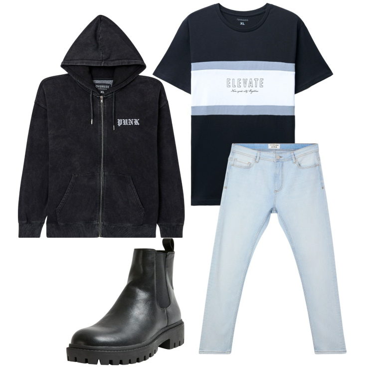 Outfit uomo - Total look #2268927. Stile Trendy per Tutti i giorni. Abbinamento con stivali e stivaletti, felpe con cappuccio, t-shirt, jeans skinny.