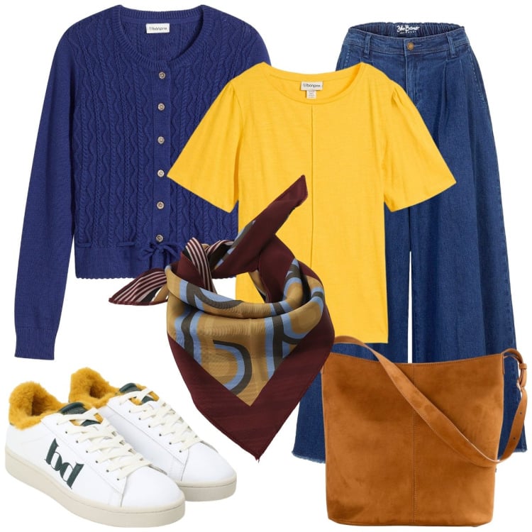 Outfit donna - Cardigan. Stile Basic per Tutti i giorni. Abbinamento con gonne, t-shirt, cardigans, borse a mano, sneakers, foulard.