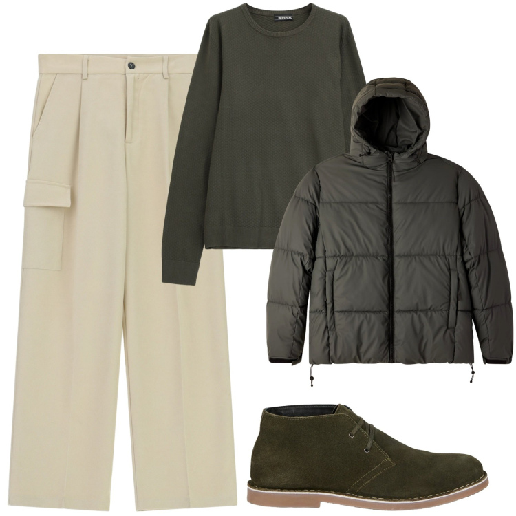 Outfit uomo - Ottobre. Stile Casual per Tutti i giorni. Abbinamento con bomber, pantaloni cargo, maglieria, stivali e stivaletti.