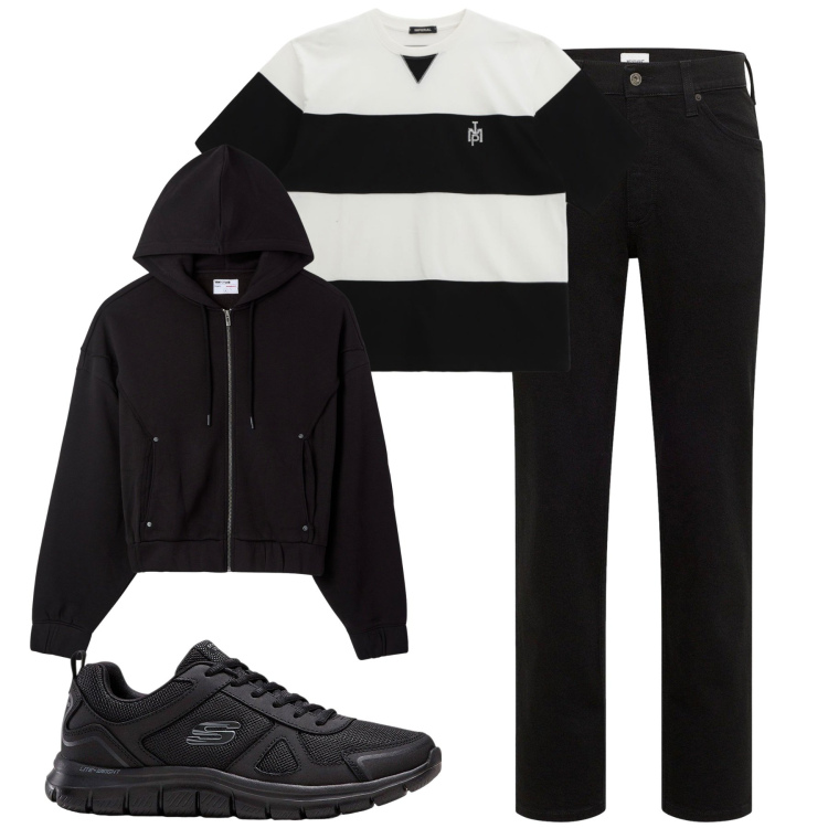 Outfit uomo - Total look #2268934. Stile Casual per Tutti i giorni. Abbinamento con jeans dritti, sneakers, felpe con cappuccio, t-shirt.