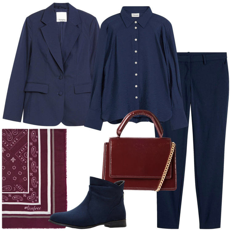 Outfit donna - Total look #2268936. Stile Casual chic per Ufficio. Abbinamento con pantaloni, stivaletti, blazer, camicie, borse a tracolla, foulard.