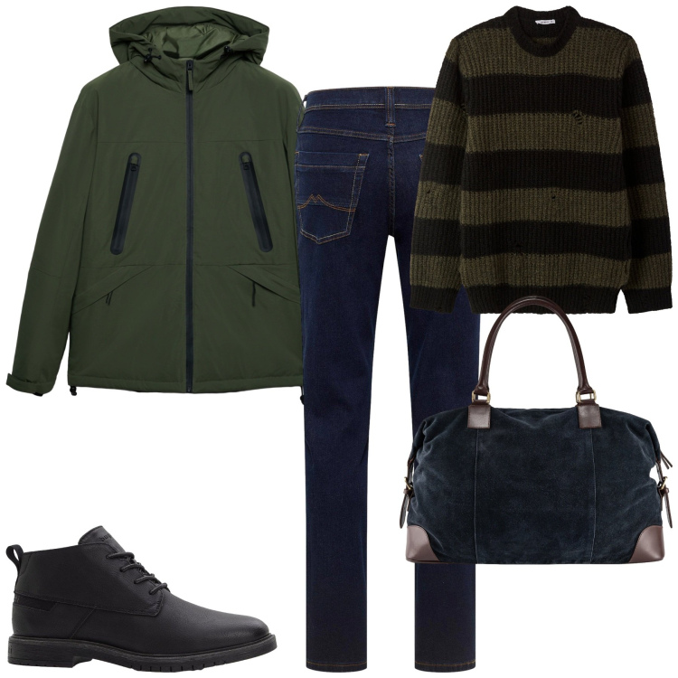 Outfit uomo - City. Stile Casual per Tutti i giorni. Abbinamento con jeans dritti, stivali e stivaletti, giacche, maglieria, borse sportive.