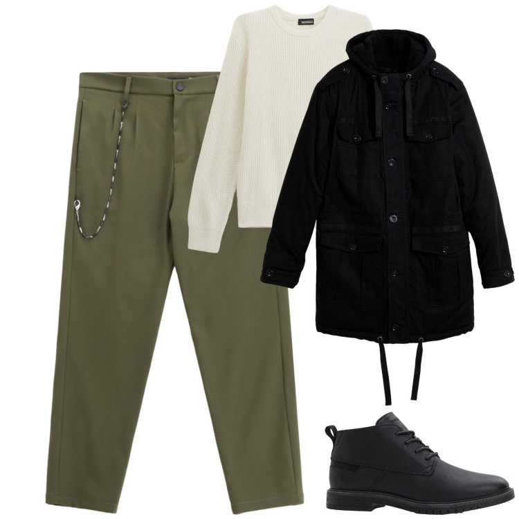 Outfit uomo - City. Stile Urban per Tutti i giorni. Abbinamento con stivali e stivaletti, parka, pantaloni, maglieria.