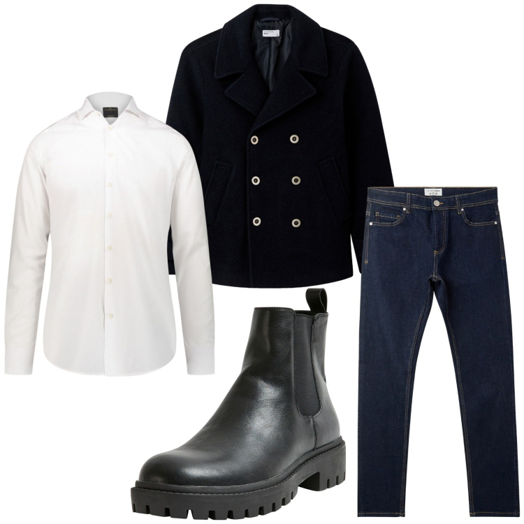 Outfit uomo - Total look #2268947. Stile Trendy per Serata speciale. Abbinamento con cappotti, stivali e stivaletti, jeans skinny, camicie.