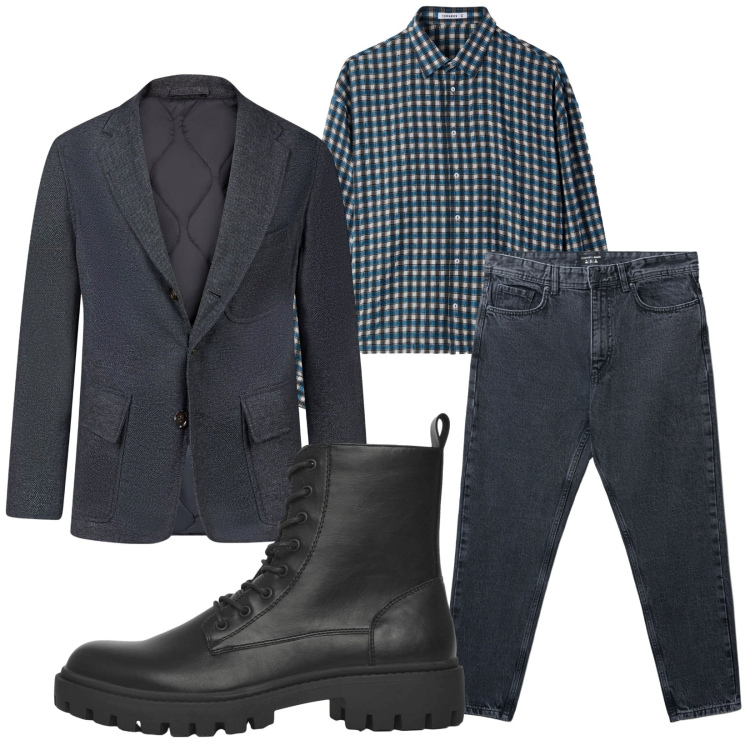 Outfit uomo - Total look #2268949. Stile Casual per Tutti i giorni. Abbinamento con anfibi, jeans strappati, camicie, giacche.