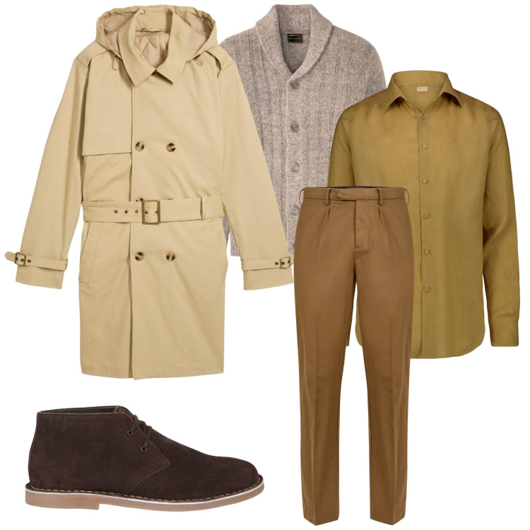 Outfit uomo - Total look #2268966. Stile Business/Elegante per Ufficio. Abbinamento con cardigans, trench, pantaloni, camicie, stivali e stivaletti.