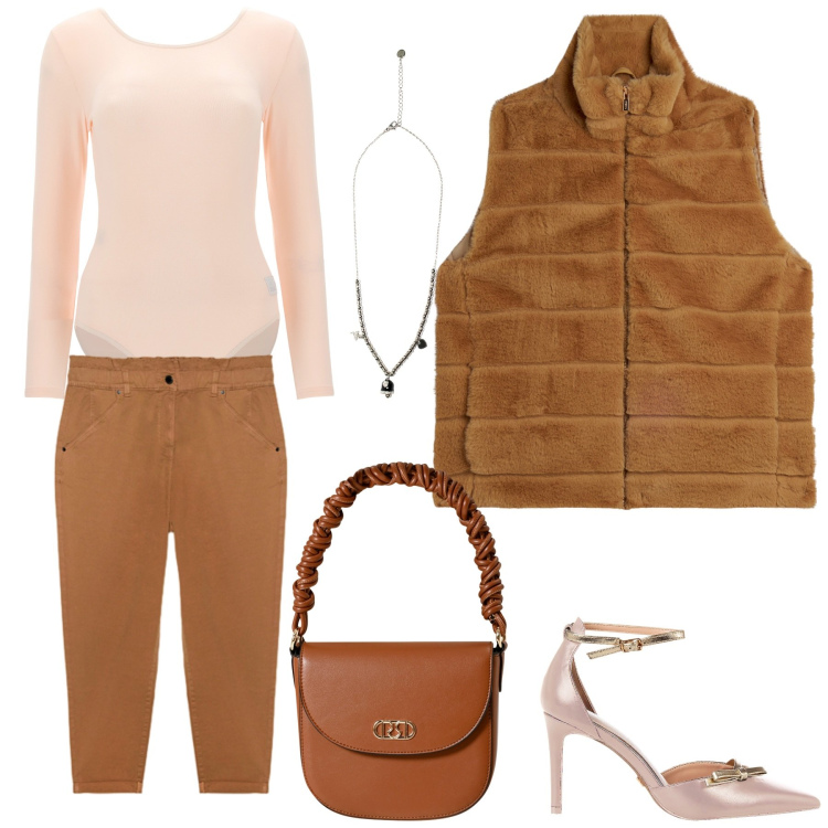Outfit donna - Foglie in autunno. Stile Casual chic per Tutti i giorni. Abbinamento con borse a mano, décolleté, body, gilet, ciondoli, pantaloni.