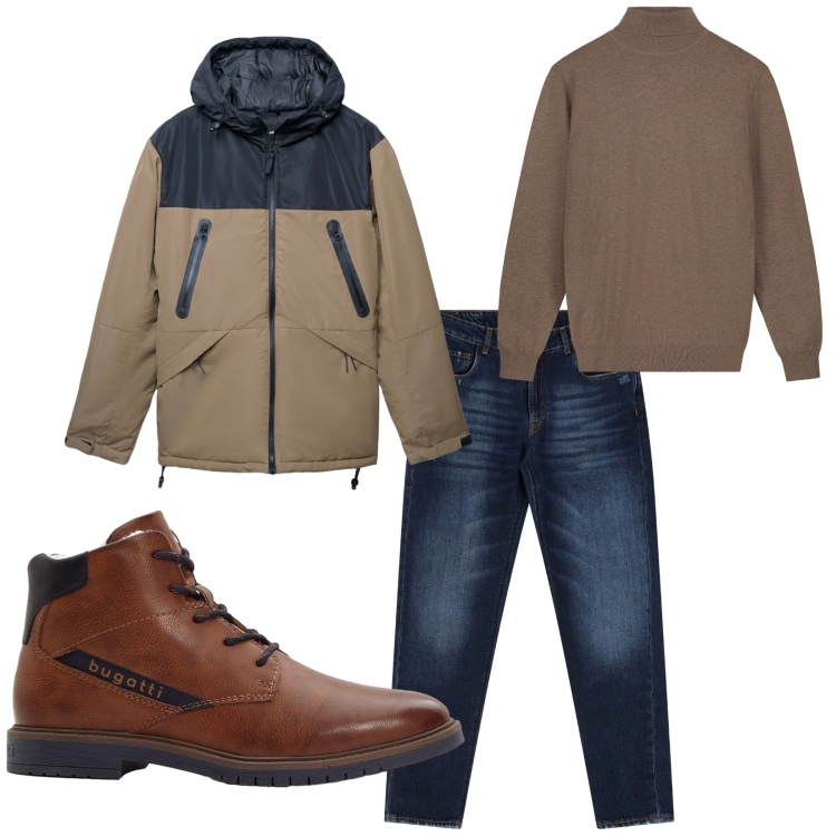 Outfit uomo - Total look #2268968. Stile Casual per Tutti i giorni. Abbinamento con stivali e stivaletti, bomber, jeans dritti, maglieria.