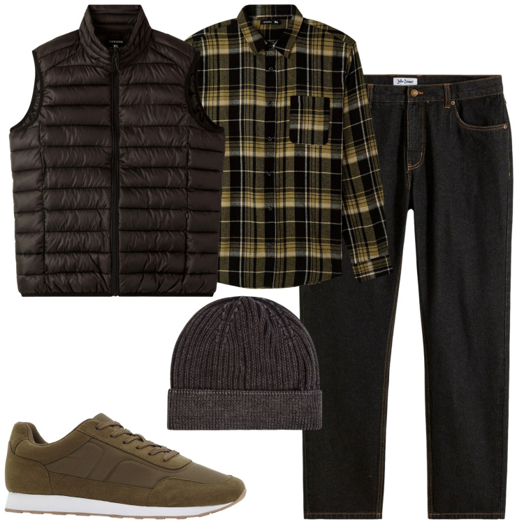 Outfit uomo - Autunno. Stile Casual per Tutti i giorni. Abbinamento con jeans dritti, sneakers, camicie, berretti, piumini.