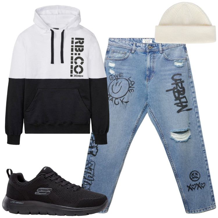 Outfit uomo - Total look #2268971. Stile Casual per Tutti i giorni. Abbinamento con sneakers, felpe con cappuccio, jeans strappati, berretti.