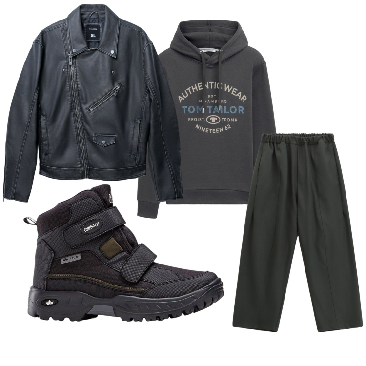 Outfit uomo - Total look #2268972. Stile Casual per Tutti i giorni. Abbinamento con stivali e stivaletti, felpe con cappuccio, giacche, pantaloni.