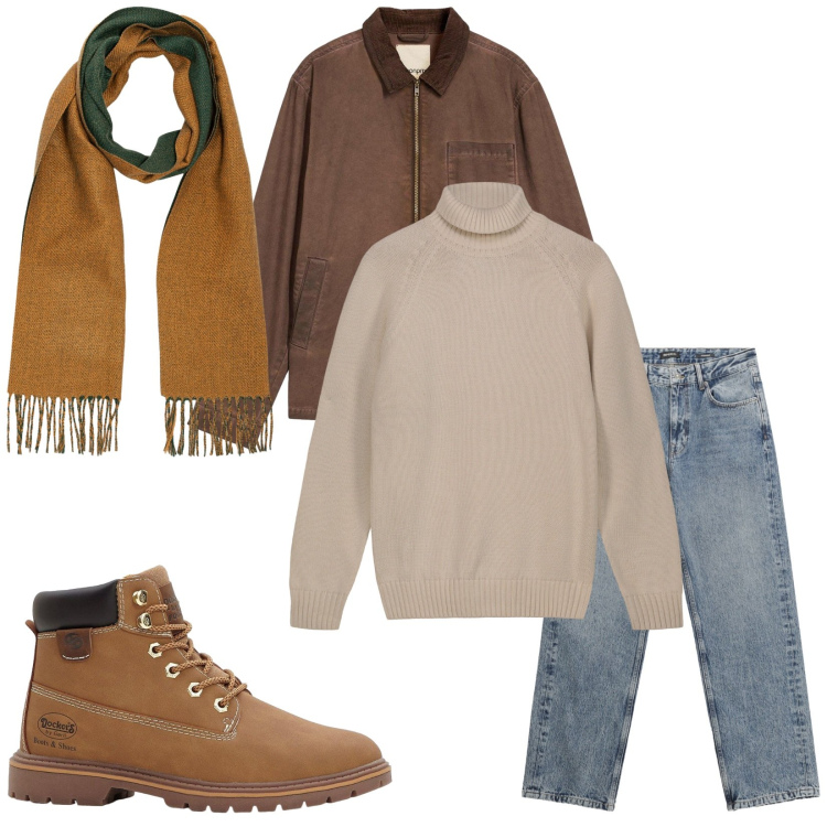 Outfit uomo - Total look #2268974. Stile Casual per Tutti i giorni. Abbinamento con giacche, stivali e stivaletti, jeans dritti, sciarpe, pullovers.