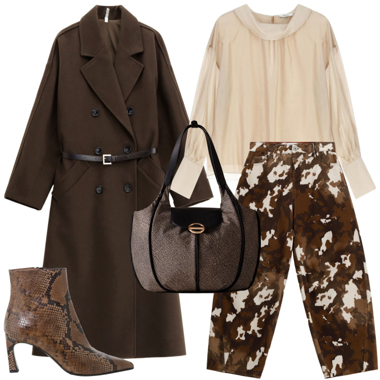 Outfit donna - W il cioccolato. Stile Glamour per Serata fuori. Abbinamento con pantaloni a palazzo, cappotti, camicie, stivaletti, shopping bag.