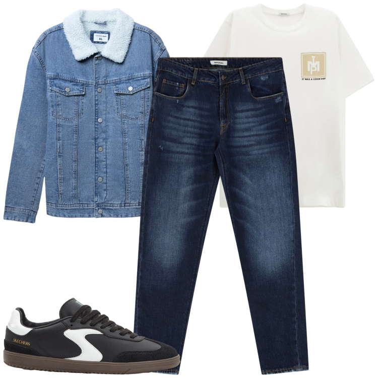 Outfit uomo - Total look #2268977. Stile Casual per Tutti i giorni. Abbinamento con sneakers, giacche, jeans dritti, t-shirt.