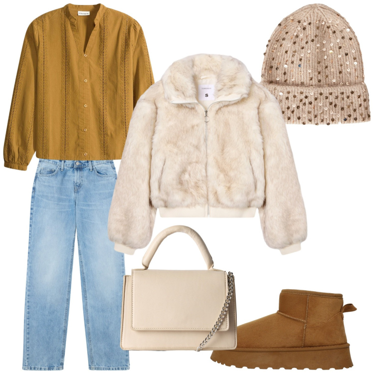 Outfit donna - Foglie. Stile Casual per Tutti i giorni. Abbinamento con bluse, borse a tracolla, jeans dritti, berretti, stivali, ecopellicce.
