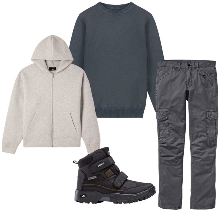 Outfit uomo - Total look #2268979. Stile Casual per Tutti i giorni. Abbinamento con pantaloni cargo, stivali e stivaletti, felpe con cappuccio, maglieria.