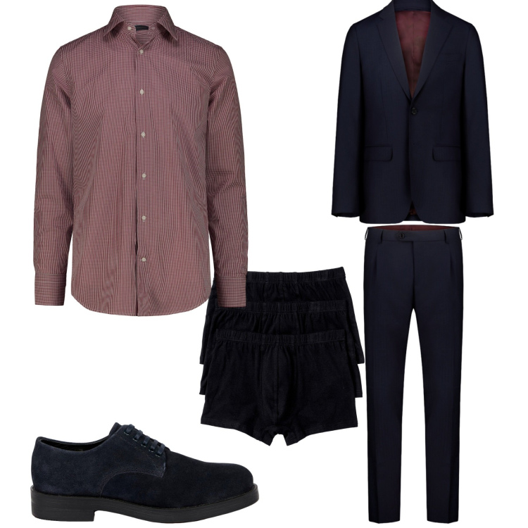 Outfit uomo - Abito blu. Stile Business/Elegante per Tutti i giorni. Abbinamento con boxer, scarpe stringate, camicie, abiti.