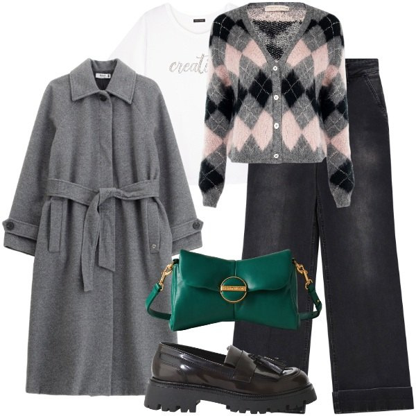 Outfit donna - Cappotto con cintura. Stile Chic per Tutti i giorni. Abbinamento con cappotti, pochette, cardigans, mocassini, jeans, t-shirt.