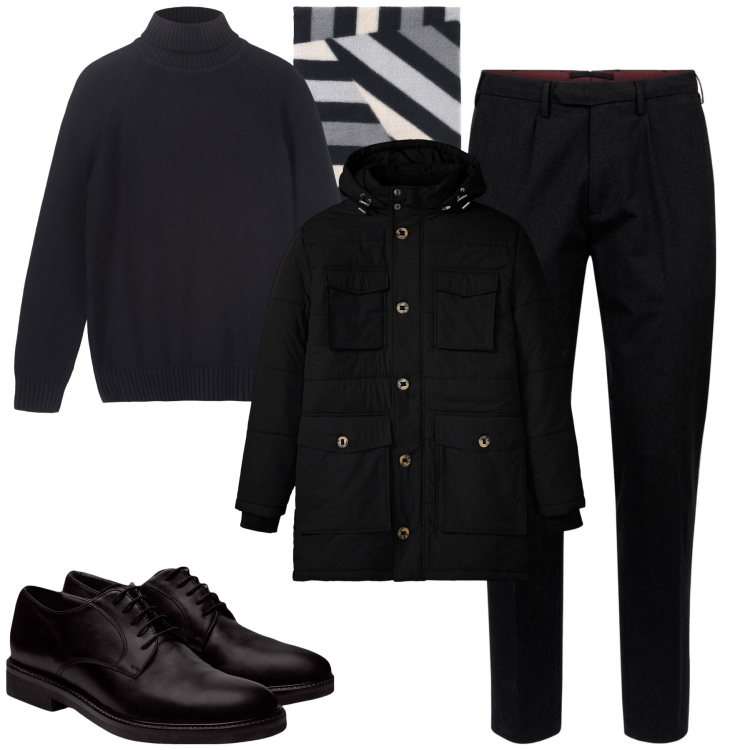 Outfit uomo - In città. Stile Urban per Tutti i giorni. Abbinamento con parka, sciarpe, scarpe stringate, pantaloni, pullovers.