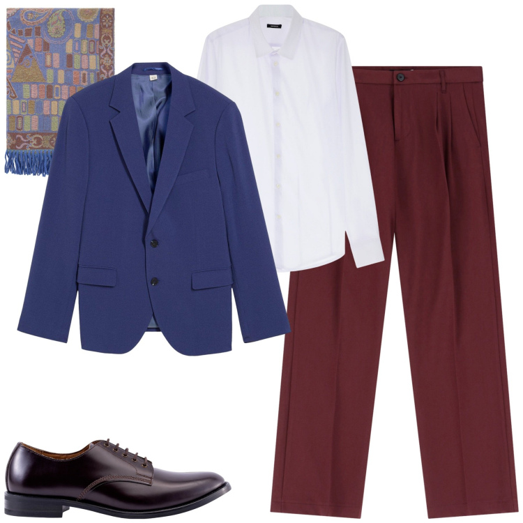 Outfit uomo - Bordeaux e blu. Stile Trendy per Tutti i giorni. Abbinamento con giacche, camicie, pantaloni, sciarpe, scarpe stringate.