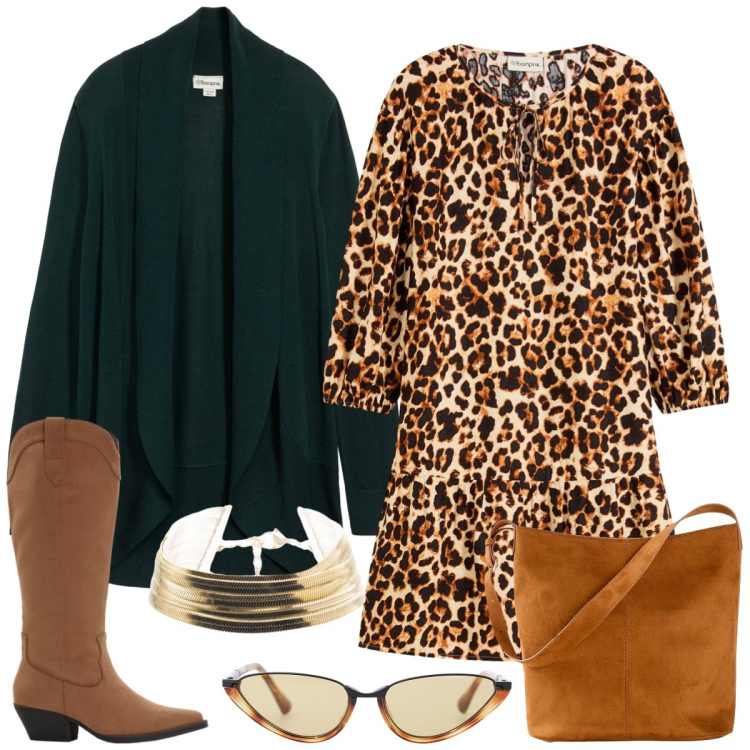 Outfit donna - Total look #2268991. Stile Casual chic per Tutti i giorni. Abbinamento con vestiti, cardigans, borse a mano, stivali, occhiali da sole, braccialetti.