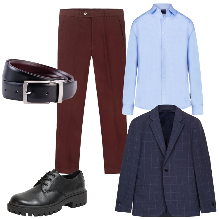 Outfit uomo - City. Stile Trendy per Tutti i giorni. Abbinamento con scarpe stringate, camicie, giacche, pantaloni chino, cinture.