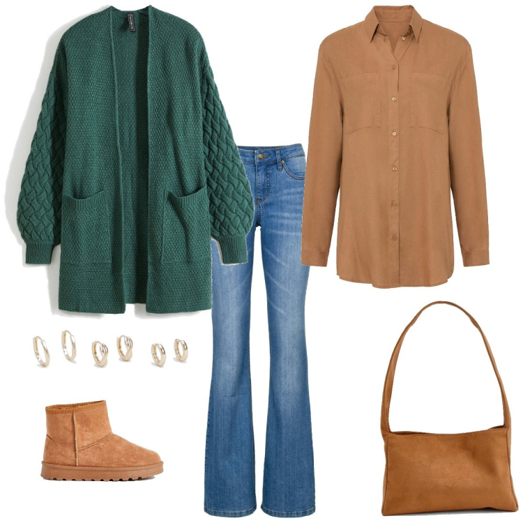 Outfit femme - Cardigan casual couleurs feuille. Style Casual pour Tous les jours. Assortir avec jean bootcut, chemisiers, gilets, bottines, sacs à main, boucles d'oreilles.