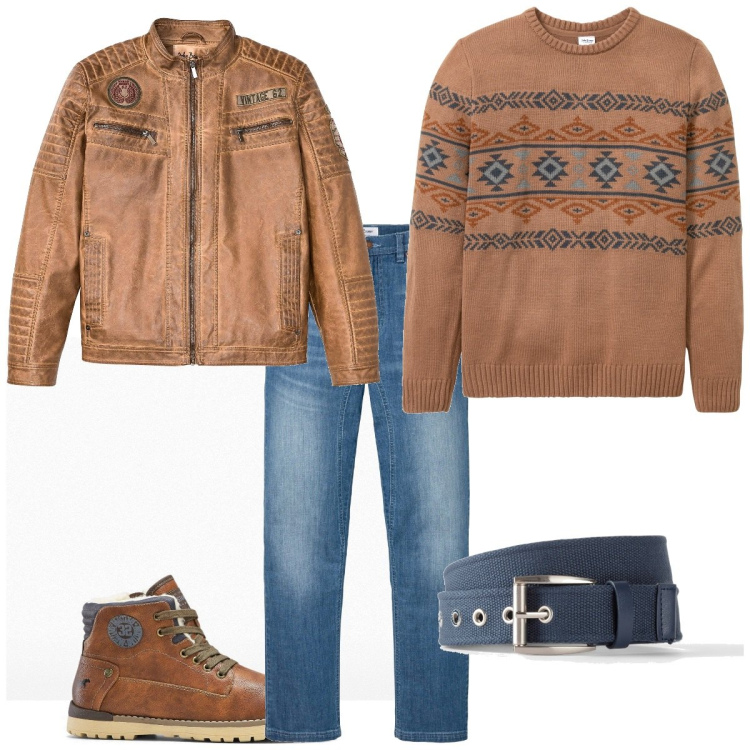 Outfit homme - Automne en marron. Style Tendance pour Tous les jours. Assortir avec bottes, manteaux, pulls, ceintures, jeans.