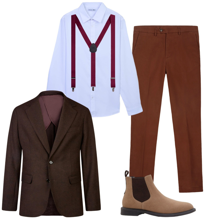 Outfit uomo - City. Stile Trendy per Tutti i giorni. Abbinamento con stivali e stivaletti, camicie, giacche, bretelle, pantaloni chino.