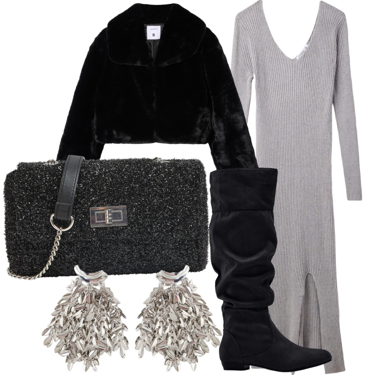Outfit donna - A date. Stile Glamour per Serata fuori. Abbinamento con stivali, borse a tracolla, vestiti lunghi, ecopellicce, orecchini.