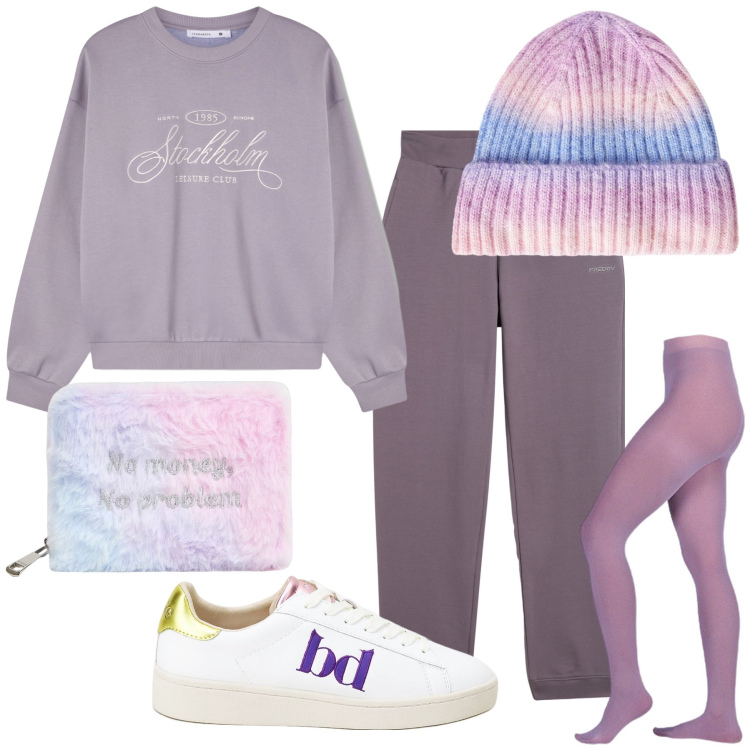 Outfit donna - Violetta d autunno. Stile Casual per Tutti i giorni. Abbinamento con berretti, portafogli, felpe, sneakers, pantaloni, collant.