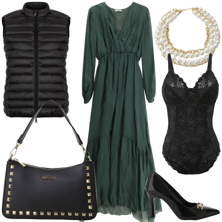 Outfit donna - Quando basta un gilet. Stile Glamour per Ufficio. Abbinamento con body, pochette, décolleté, collane, vestiti lunghi, piumini.