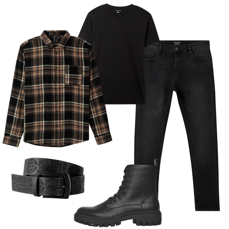 Outfit uomo - Venerdì sera. Stile Casual per Serata speciale. Abbinamento con cinture, jeans skinny, camicie, t-shirt, anfibi.