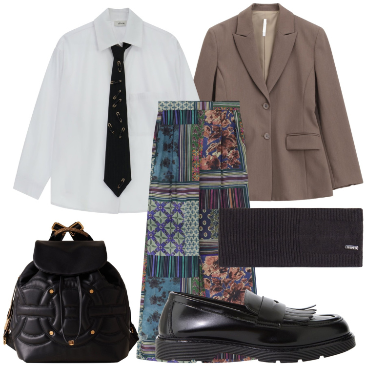 Outfit donna - Originale mannish look. Stile Mannish per Ufficio. Abbinamento con pantaloni a palazzo, mocassini, camicie, zaini, blazer, accessori per capelli.
