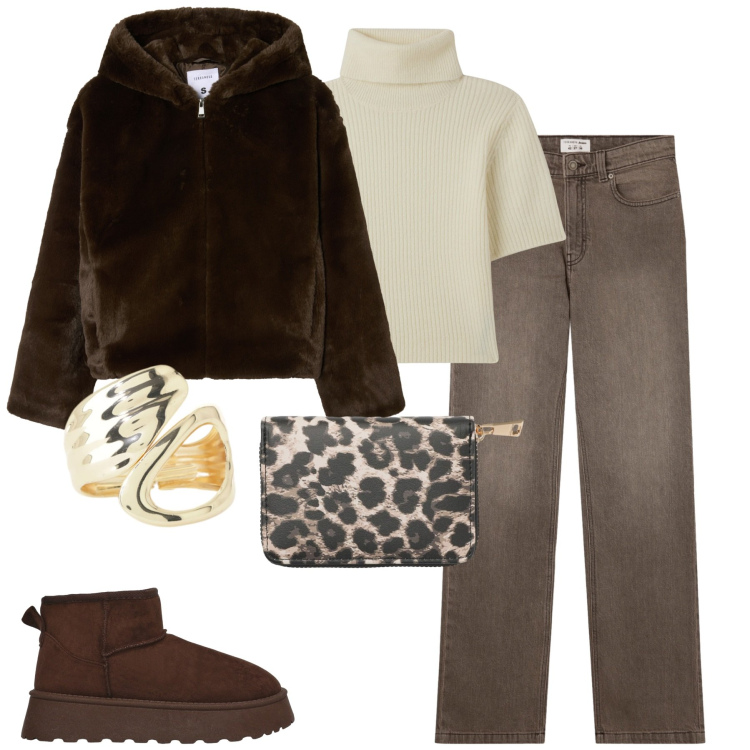 Outfit donna - Ottobre. Stile Casual chic per Tutti i giorni. Abbinamento con jeans bootcut, maglieria, portafogli, ecopellicce, stivaletti, anelli.