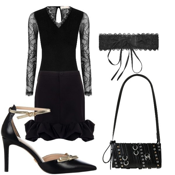 Outfit donna - Halloween outfit n. 2. Stile Sexy per Serata fuori. Abbinamento con cinture, bluse, décolleté, minigonne, borse a spalla.