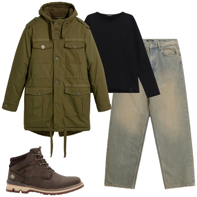 Outfit uomo - Total look #2269031. Stile Casual per Tutti i giorni. Abbinamento con stivali e stivaletti, parka, jeans, felpe.