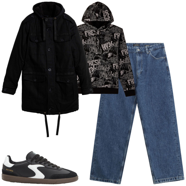 Outfit uomo - Total look #2269032. Stile Casual per Tutti i giorni. Abbinamento con sneakers, parka, felpe con cappuccio, jeans.