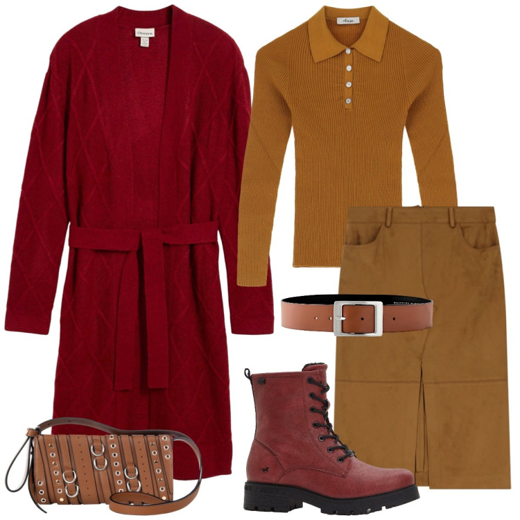Outfit donna - Total look #2269034. Stile Casual per Tutti i giorni. Abbinamento con cardigans, cinture, stivaletti, maglieria, borse a spalla, gonne longuette.