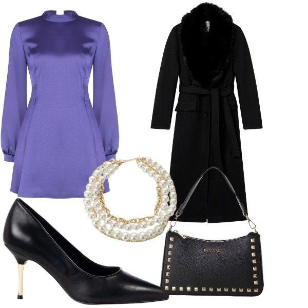 Outfit donna - Halloween outfit n. 3. Stile Glamour per Serata fuori. Abbinamento con cappotti, décolleté, vestiti corti, pochette, collane.