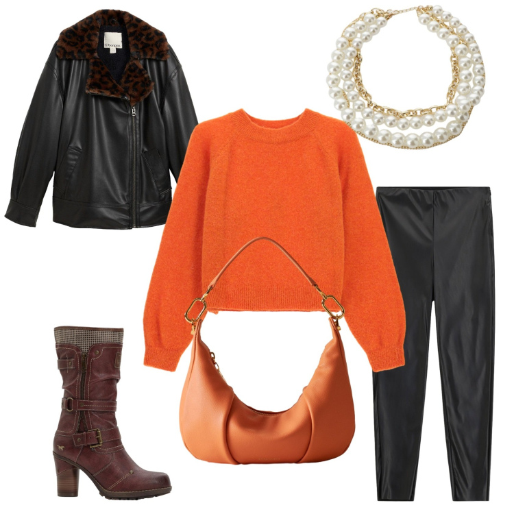 Outfit donna - Colori iconici. Stile Casual per Tutti i giorni. Abbinamento con stivali, blazer, pantaloni skinny, collane, borse a spalla, maglieria.