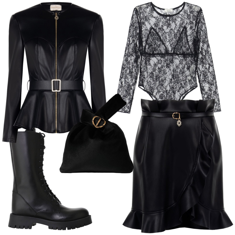 Outfit donna - Un look dark per halloween. Stile Sexy per Serata fuori. Abbinamento con minigonne, blazer, body, stivali, borse a mano.