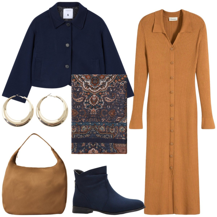 Outfit donna - Total look #2269040. Stile Casual per Tutti i giorni. Abbinamento con stivaletti, vestiti, blazer, borse a mano, foulard, orecchini.