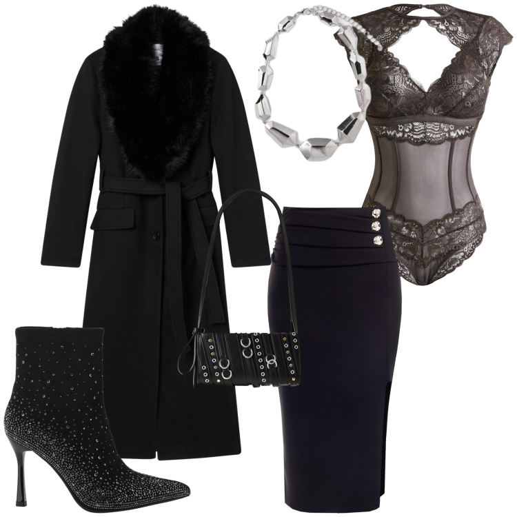 Outfit donna - Un sexy halloween. Stile Glamour per Serata fuori. Abbinamento con body, cappotti, borse a spalla, gonne, stivaletti, ciondoli.