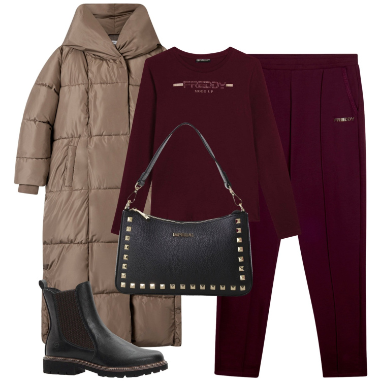 Outfit donna - City. Stile Casual per Tutti i giorni. Abbinamento con stivaletti chelsea, cappotti, pochette, t-shirt, pantaloni.