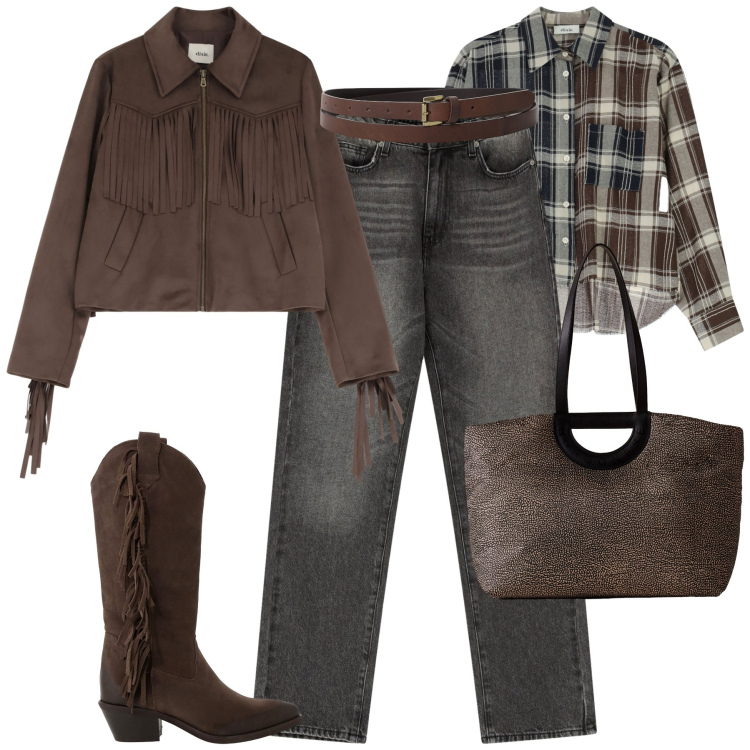 Outfit donna - Ispirazione giacca scamosciata. Stile Trendy per Tutti i giorni. Abbinamento con blazer, jeans dritti, camicie, stivali, cinture, shopping bag.