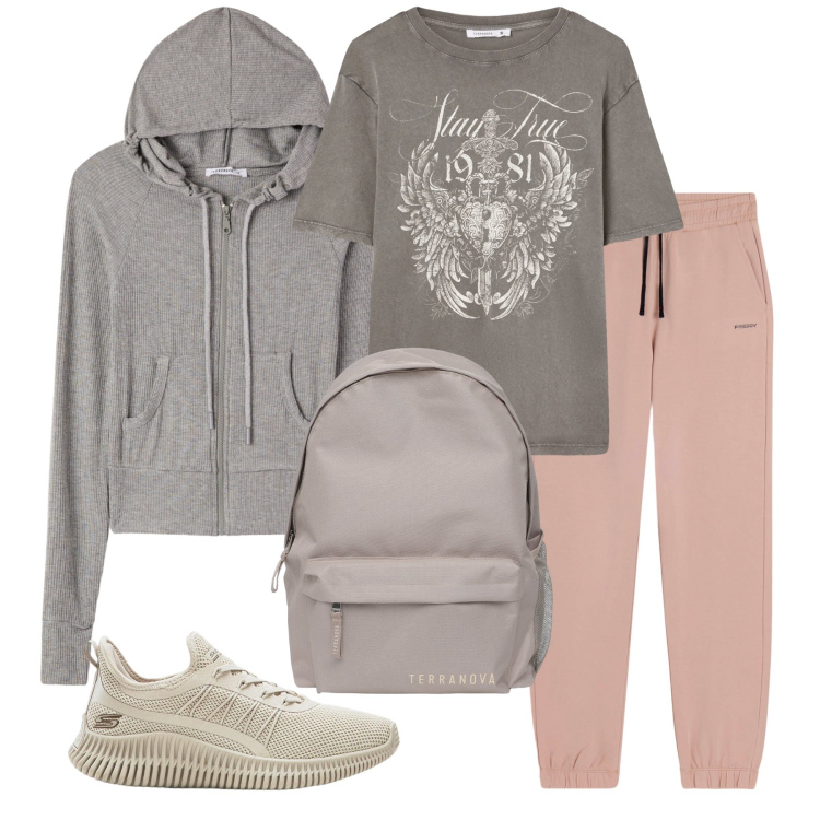 Outfit donna - Total look #2269045. Stile Casual chic per Tutti i giorni. Abbinamento con sneakers, zaini, t-shirt, felpe con cappuccio, pantaloni.