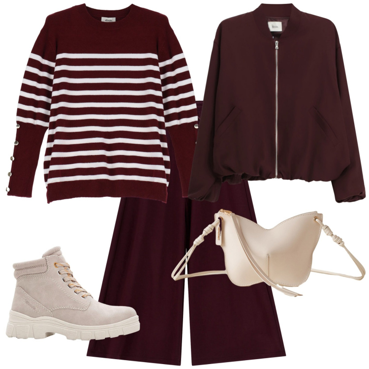 Outfit donna - Total look #2269047. Stile Minimal per Tutti i giorni. Abbinamento con stivaletti, bomber, maglieria, pantaloni a palazzo, borse a tracolla.